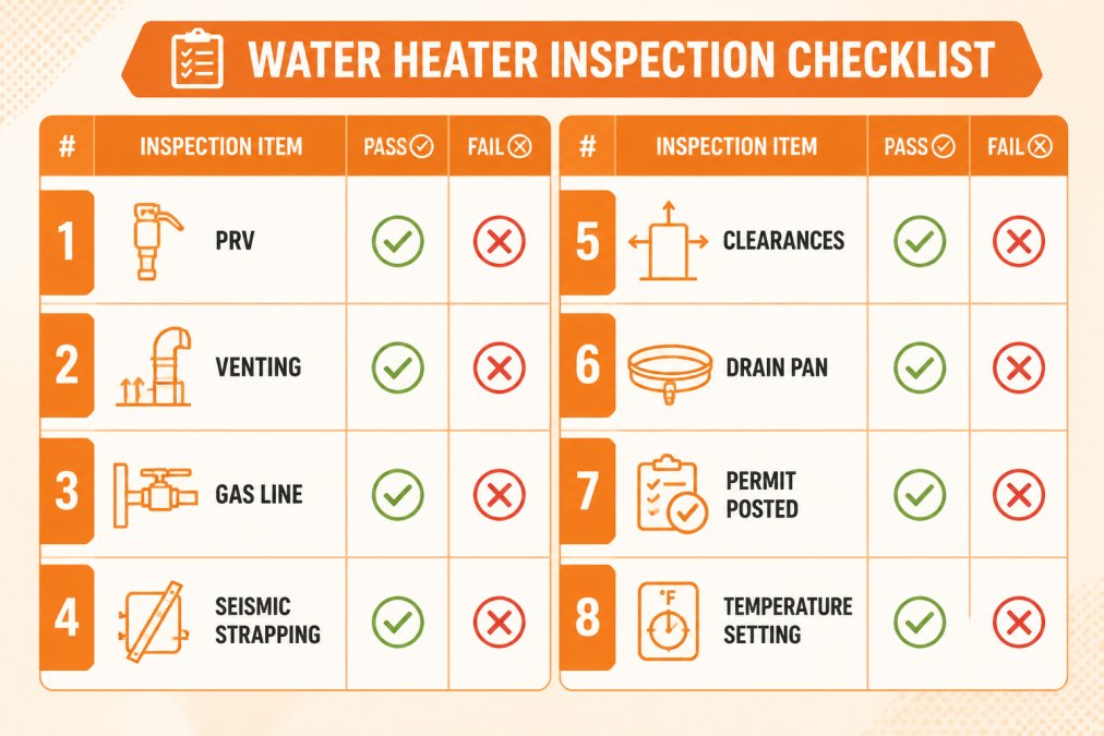 Two-column checklist matrix with 8 inspection items, PRV, Venting, Gas Line, Seismic Strapping, Clearances, Drain Pan, Permit Posted, Temperature Setting, with Pass/Fail columns