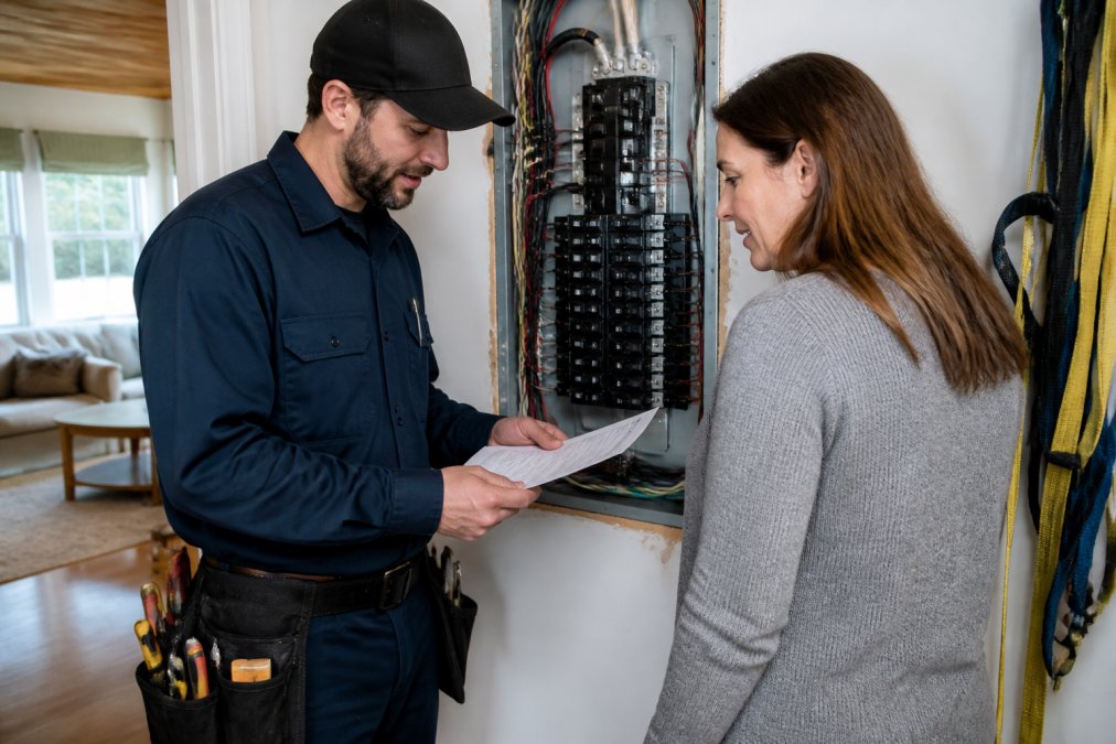 A professional electrician in work attire reviewing a permit document with a homeowner at the electrical panel in a bright residential setting