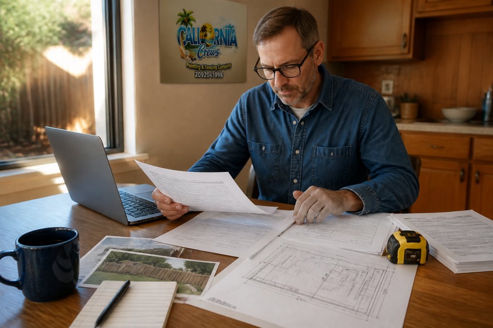 A homeowner sitting at a kitchen table with a laptop, printed permit forms, a tape measure, and a property survey, reviewing fence replacement paperwork in warm afternoon light