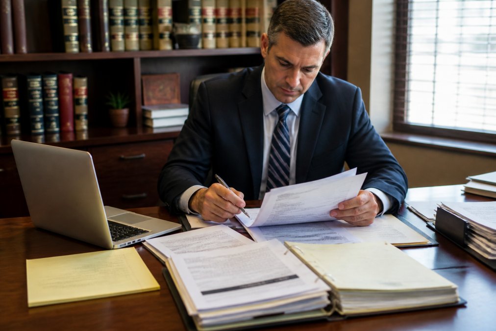 A tax professional in a suit reviewing documents at a desk with a laptop, legal pad, and financial folders spread out in a well-lit professional office
