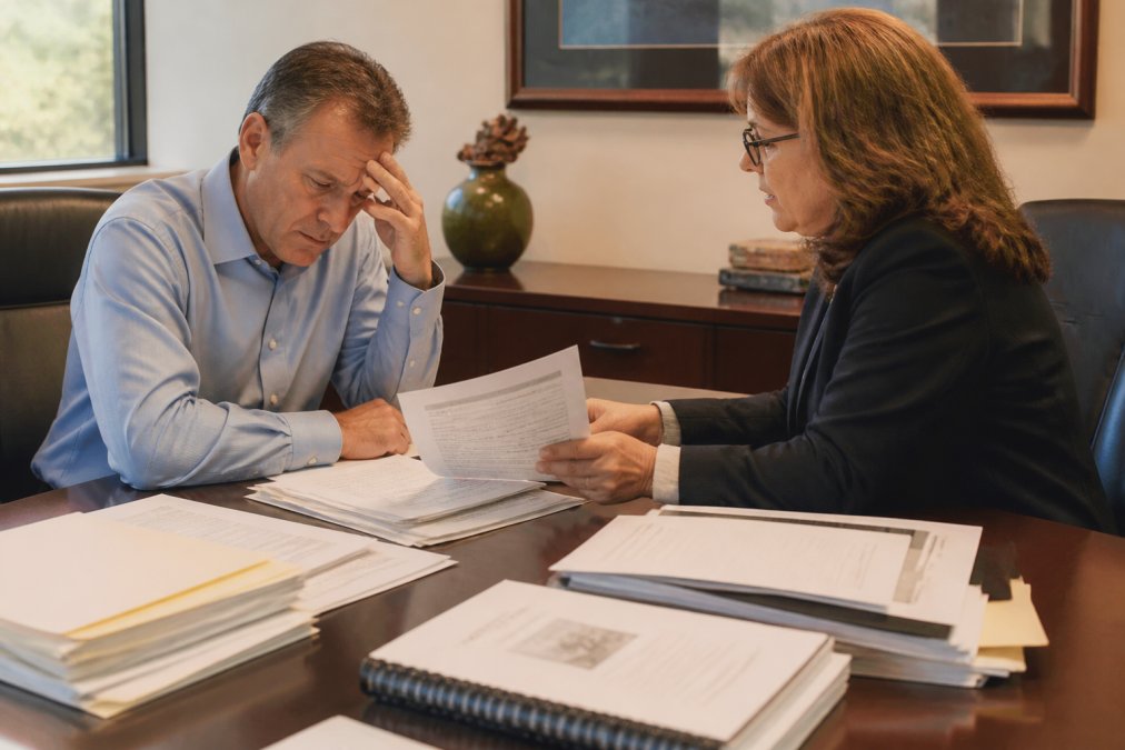 A stressed business owner sitting across from an advisor at a conference table, reviewing official-looking correspondence and financial records under bright office lighting