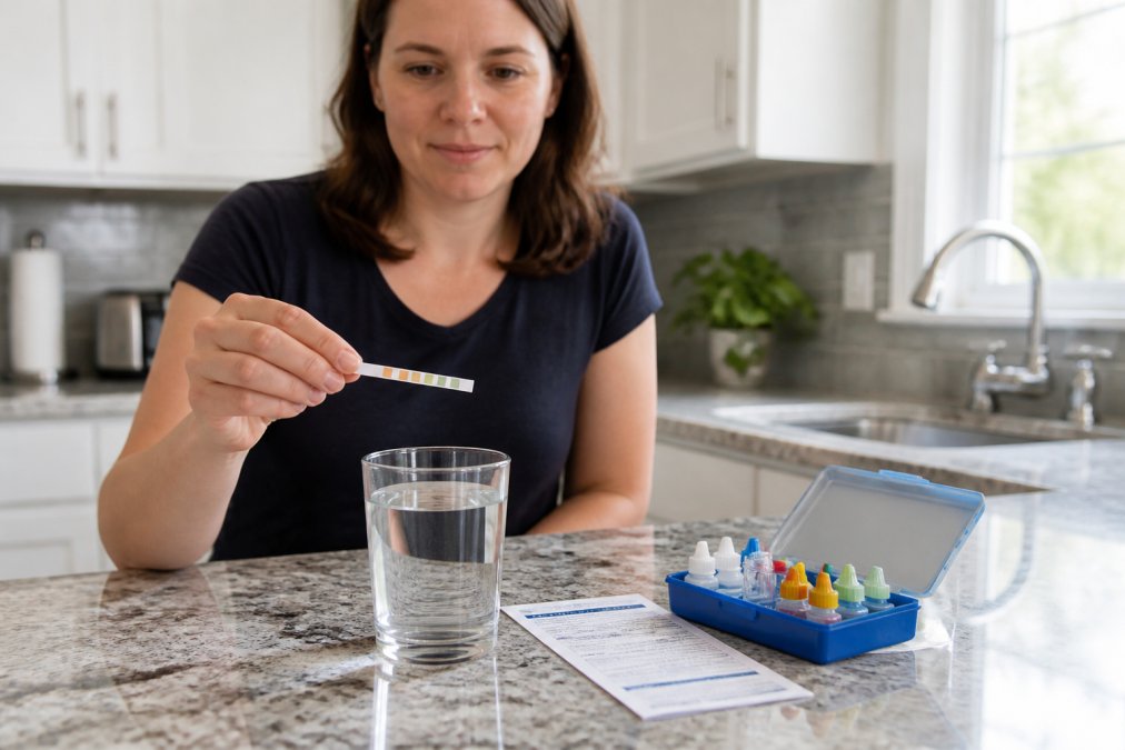 Homeowner testing tap water with a strip to see if they need a water softener in their kitchen