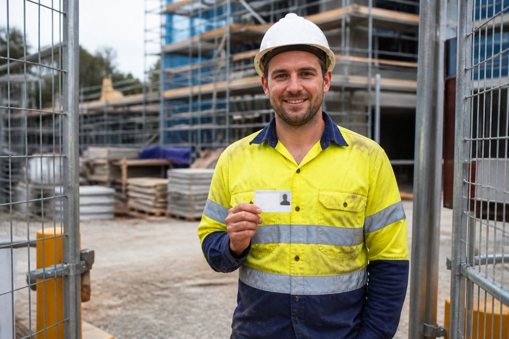 Construction laborer in high-vis gear holding a white card at a site gate for white card laboring compliance.
