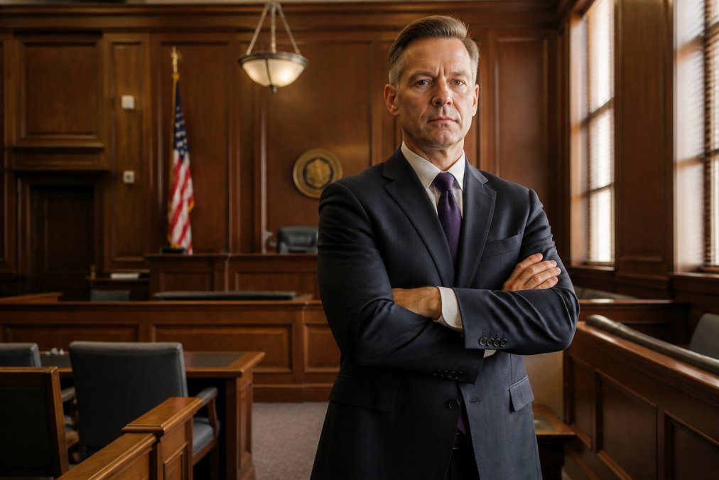 A serious defense attorney in a dark suit standing confidently in a courtroom, arms crossed, with wooden courtroom benches and an American flag visible in the background under warm overhead lighting