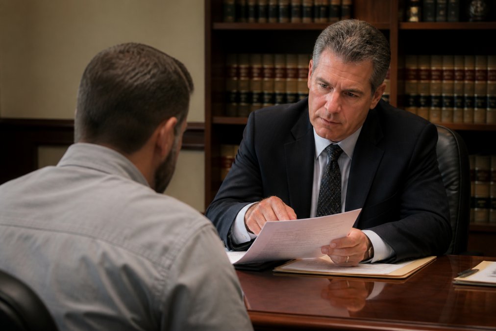 A client sitting across a wooden desk from a suited attorney during a legal consultation, both reviewing printed documents together, with law books visible on shelves behind the attorney in warm office lighting