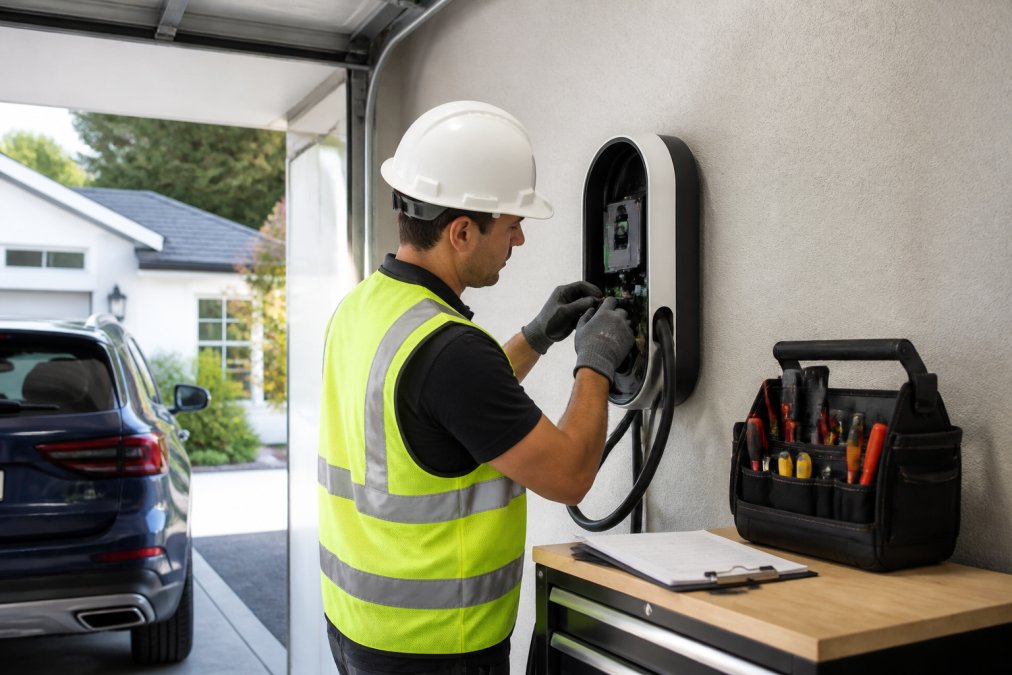 A licensed electrician in a safety vest and hard hat installing a wall-mounted EV charging station in a residential garage, with tools and a clipboard nearby