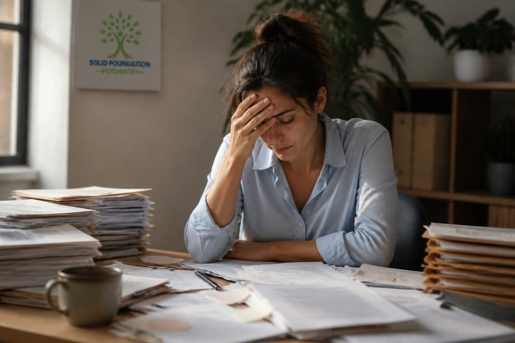 Person sitting at desk with hand on forehead, looking stressed, with papers and coffee cup visible in natural office lighting