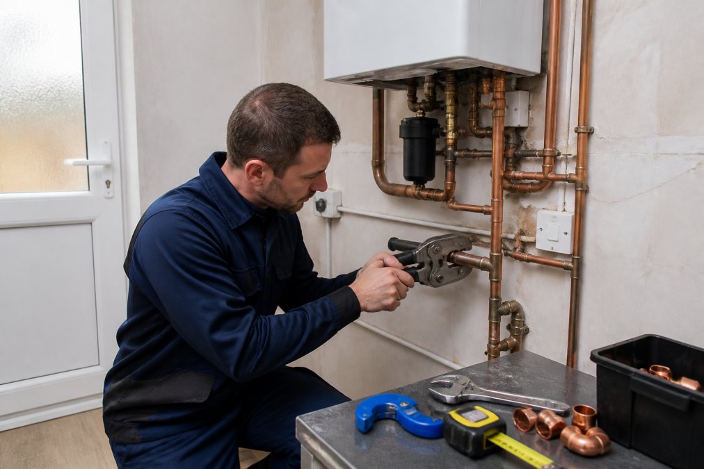 Gas Safe engineer using a pipe sizing tool to check if you need to upgrade gas pipework near a boiler