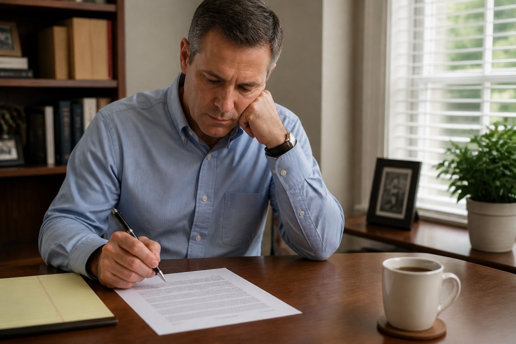 Plaintiff sitting at a desk reviewing a contingency fee agreement for a personal injury case with a coffee nearby.