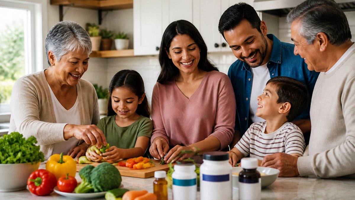 A diverse multigenerational family in a bright, healthy home environment, older adults, middle-aged adults, and children together, preparing a meal with fresh vegetables and supplements on the counter