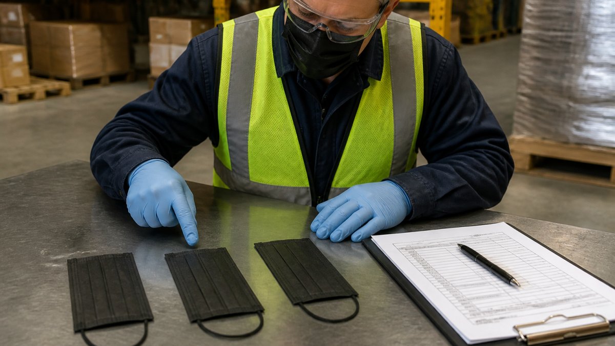 A safety officer in a warehouse comparing three unmarked mask samples on a metal workbench, with a clipboard and printed specification sheet beside them