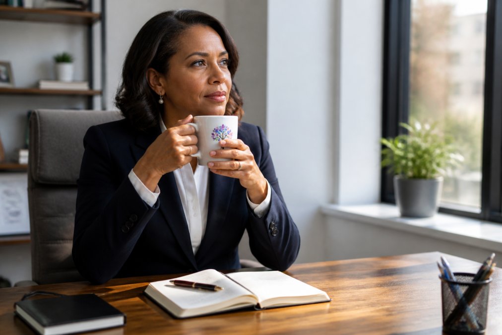 Professional woman in business attire sitting at her desk in morning light, holding a ceramic mug with an inspirational quote, with a journal and pen nearby, pausing thoughtfully before her workday
