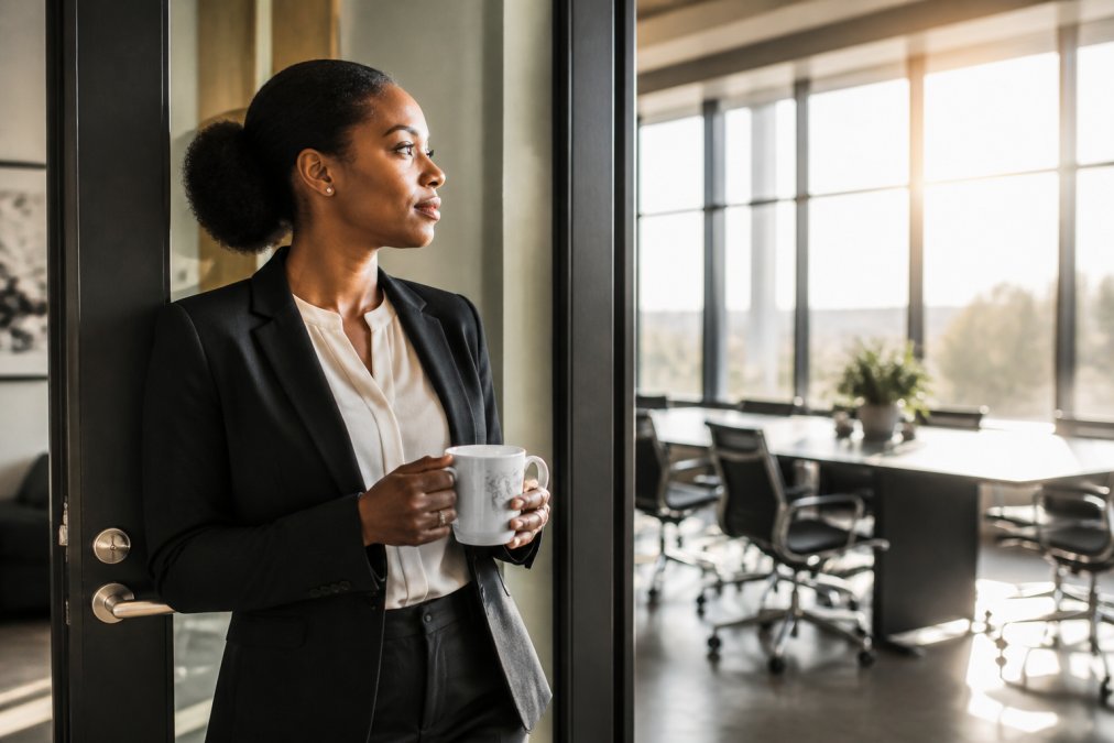 Woman in professional business attire at a modern office, holding an inspirational ceramic mug, pausing thoughtfully before stepping into a meeting room with natural light streaming through windows