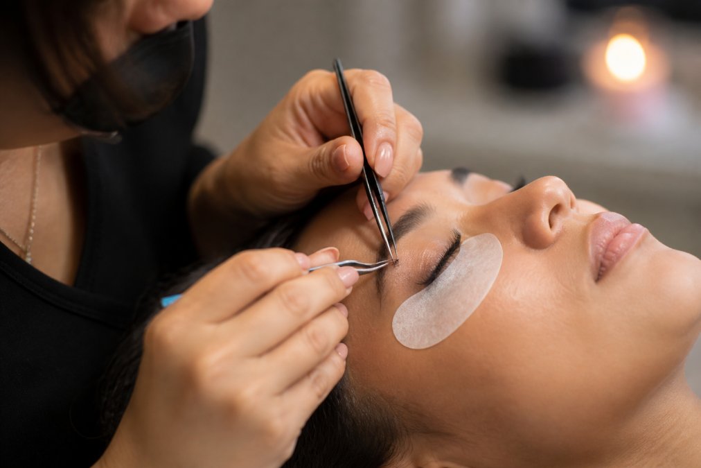 Close-up of a lash technician carefully applying individual eyelash extensions to a client's eye using precision tweezers, with soft salon lighting in the background