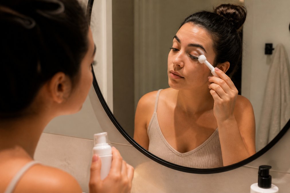 Woman gently cleaning her lash extensions with a soft cleansing brush and oil-free foam cleanser at a bathroom mirror, warm ambient lighting highlighting her careful aftercare routine