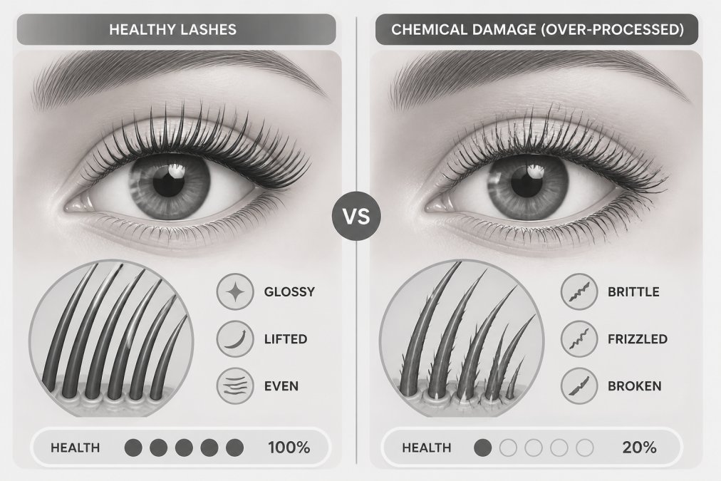Close-up of woman's eye showing healthy, glossy, uniformly lifted lashes next to detailed view of another eye displaying brittle, frizzled lashes with broken edges and dull texture from over-processing