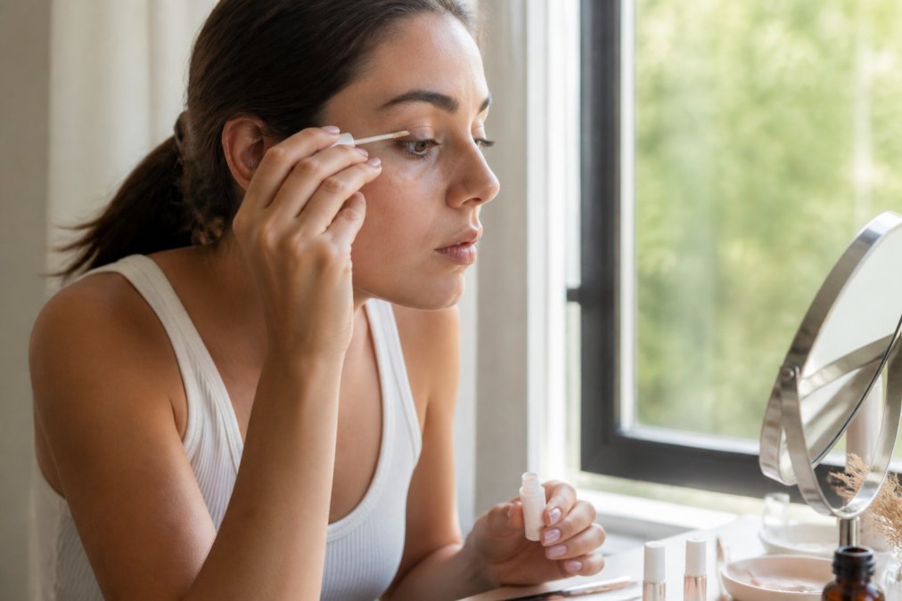 Woman carefully applying lash serum with a fine brush applicator to her upper lash line, demonstrating proper conditioning treatment technique with natural window lighting