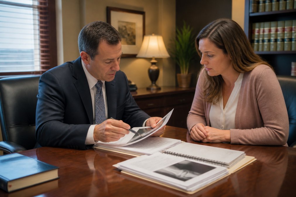 Professional attorney meeting with client across modern office desk, reviewing medical records and case documents under warm office lighting