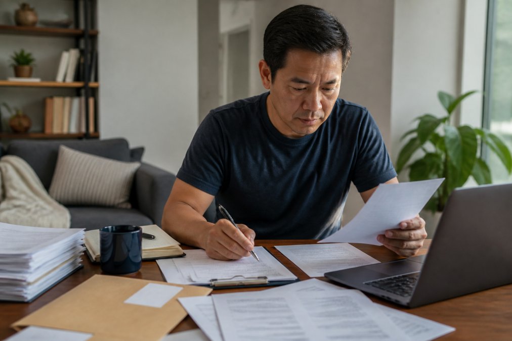 Person at home desk surrounded by medical records, insurance documents, and laptop, preparing settlement paperwork with focused attention