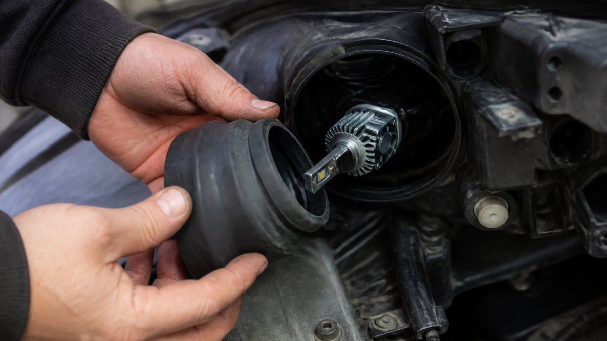 Mechanic installing an extended rubber dust cover over an LED headlight bulb and cooling fan assembly.