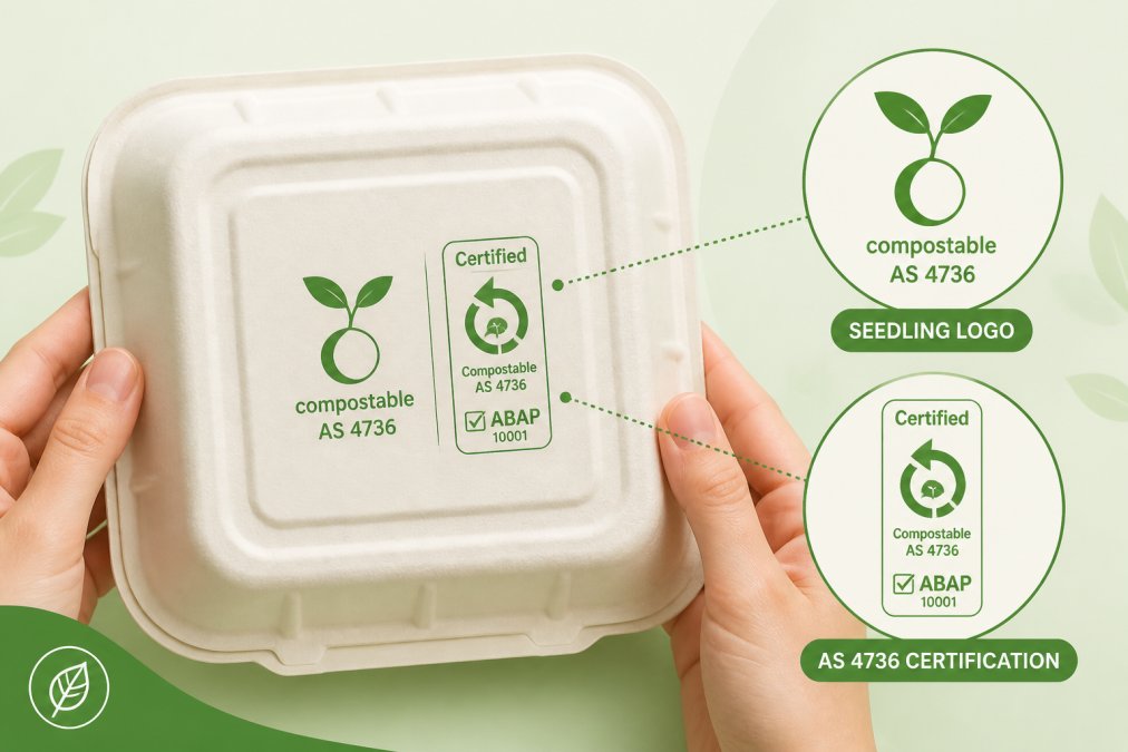 Close-up of compostable takeaway container showing the green seedling logo and AS 4736 certification marking clearly visible on the base, with hands holding the container to display the certification details