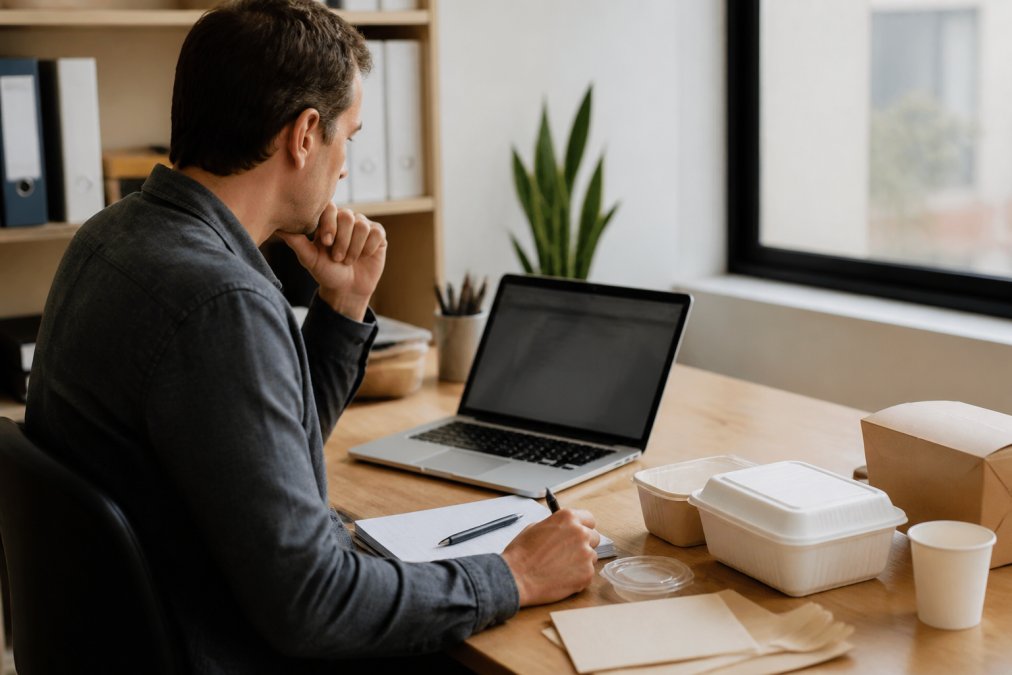 Restaurant owner seated at a desk reviewing council waste guidelines on a computer screen, with compostable takeaway containers and packaging materials visible on the desk beside the keyboard