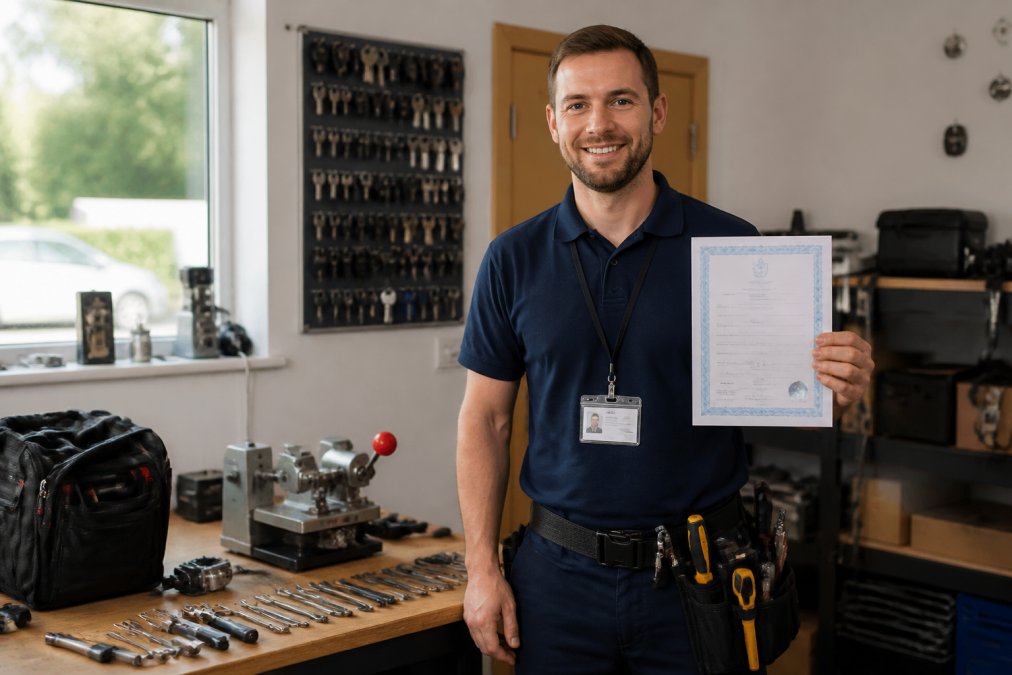 Professional locksmith in uniform holding DBS certificate and identification badge, standing confidently with toolkit visible in modern office setting with natural lighting