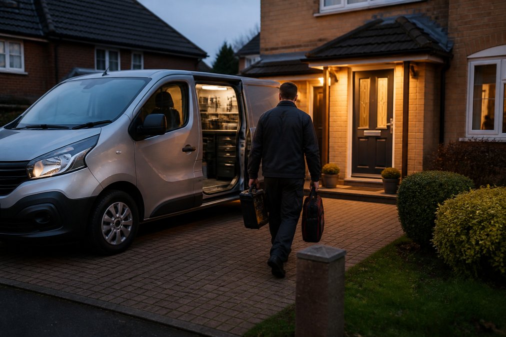 Mobile locksmith van parked outside residential property at dusk, uniformed technician approaching the front door with toolkit and diagnostic equipment visible