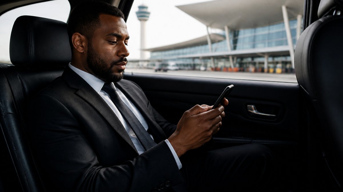 Professional driver checking flight information on a smartphone inside a luxury black SUV, with airport terminal visible through the window