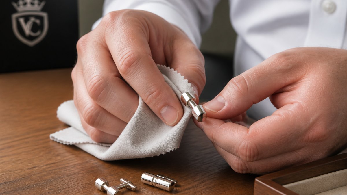 Close-up of hands gently polishing sterling silver cufflinks with a soft microfiber cloth, showing proper technique on a clean wooden surface
