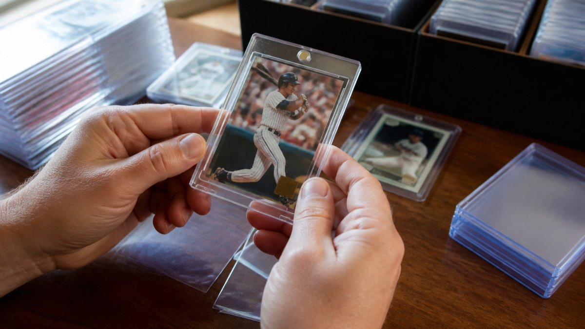 Hands holding a protective magnetic case containing a trading card on a collector's desk with sleeves nearby