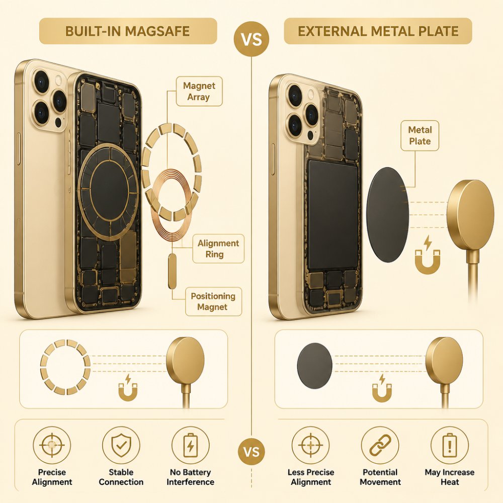 A side-by-side diagram showing the internal magnetic array of a MagSafe-compatible phone versus a phone with an externally adhered metal plate