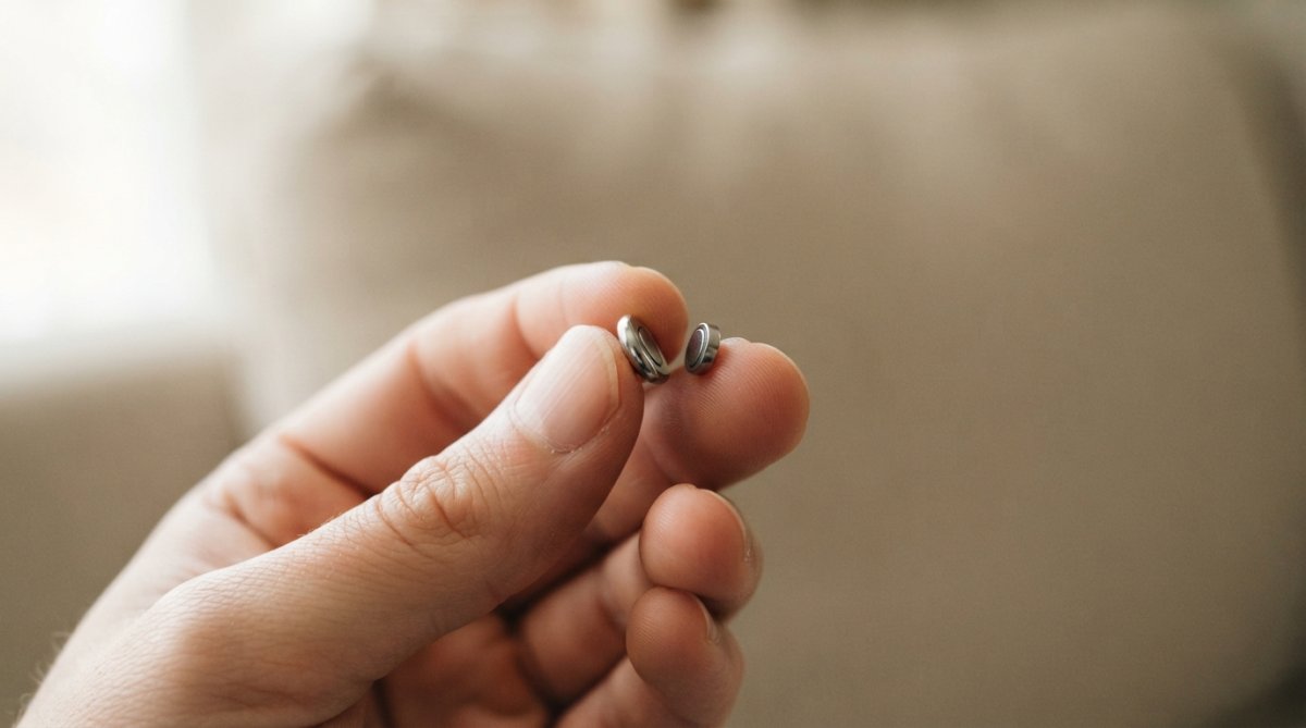 Close-up of a hand holding a magnetic nipple ring, showing the two magnetic pieces separated with a small gap between them, soft neutral beige background, natural window lighting