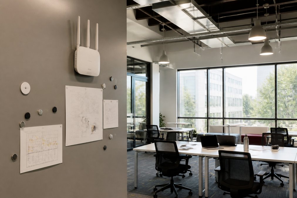 Modern office interior with WiFi router mounted on a magnetic wallcovering in a collaborative workspace, wireless signal radiating across open-plan desks and meeting areas with natural light