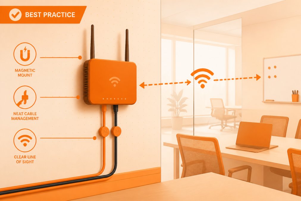 Close-up of a professional-grade WiFi router mounted on a magnetic wallcovering with cables neatly organized using magnetic clips, showing clear line of sight to surrounding workspace