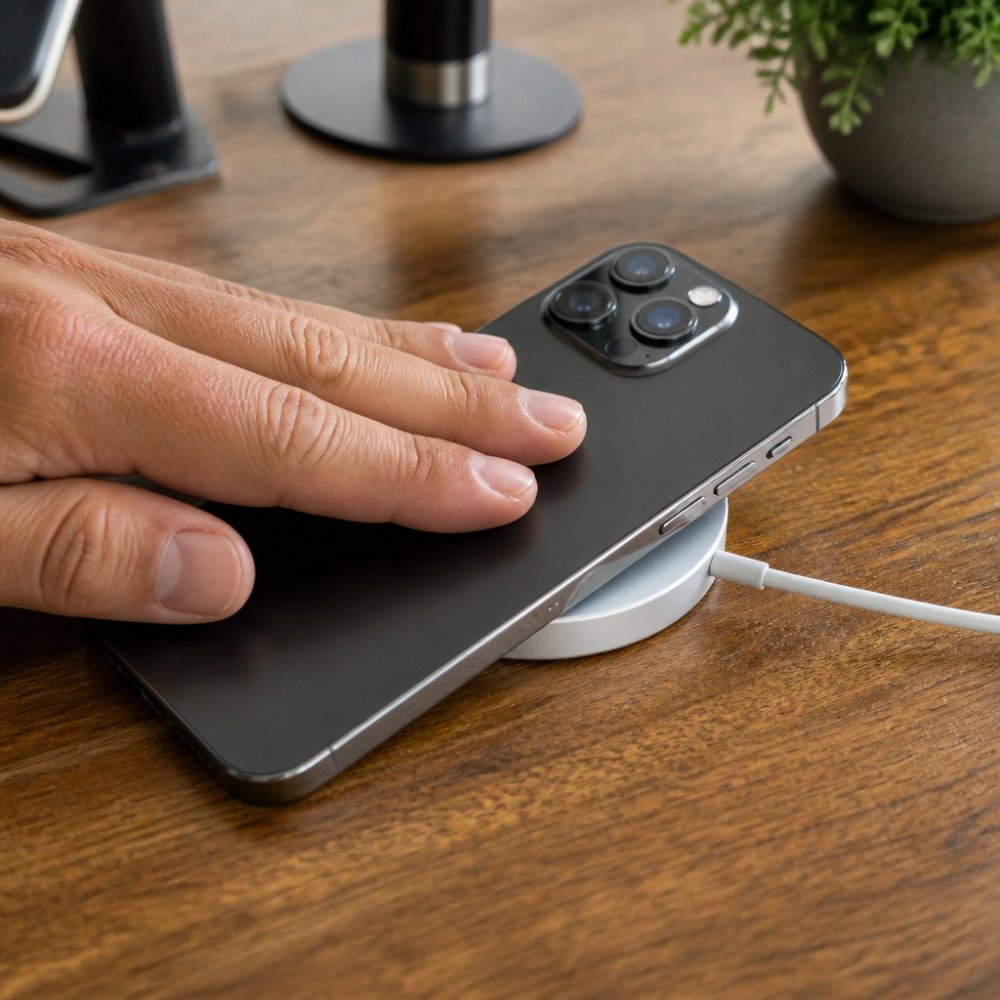 Close-up of an iPhone placed on a MagSafe charger on a wooden desk, with a hand gently touching the back of the phone to check temperature
