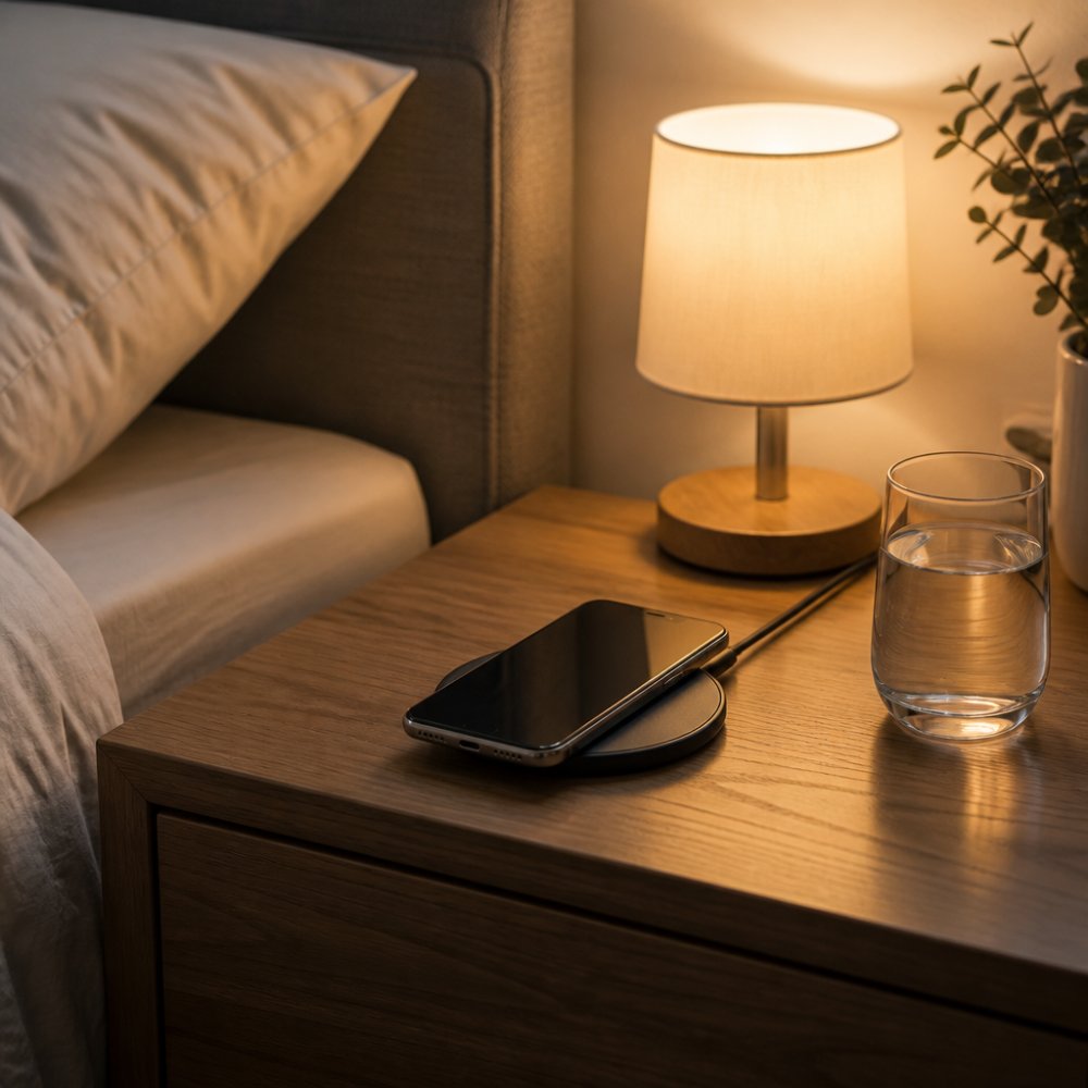 A tidy nightstand with an iPhone charging on a MagSafe pad next to a glass of water and a small lamp in a calm bedroom setting, warm ambient light