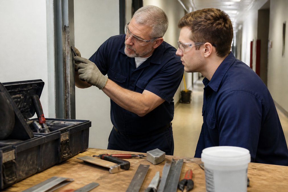 Maintenance supervisor teaching door repairs to a new hire to show why do maintenance crews need training effectively.