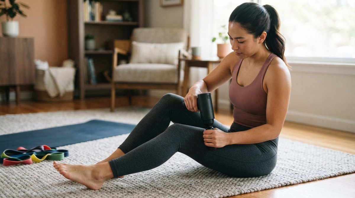 Woman in athletic wear using a handheld massage device on her thigh on a living room floor