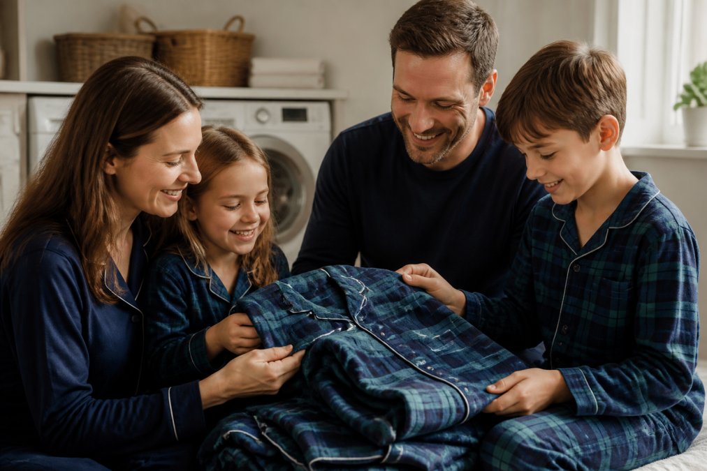 Family folding and examining soft matching pajamas fresh from the dryer, hands gently touching the fabric to show texture and quality under warm natural light