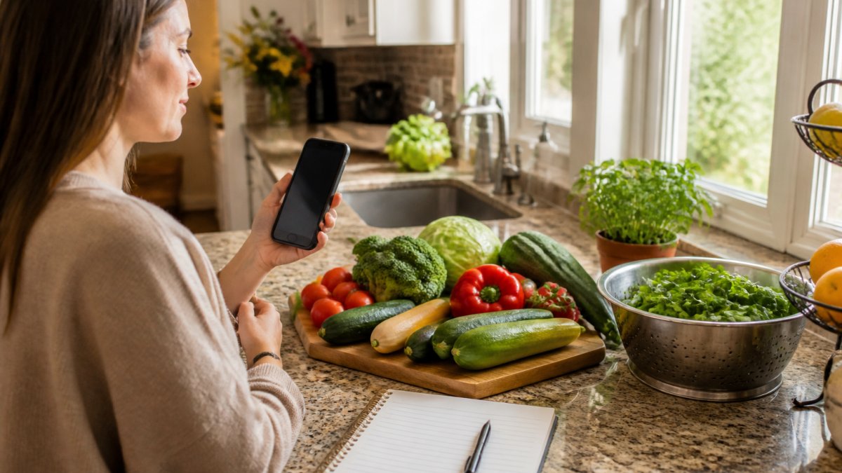 A person at a kitchen counter with a smartphone showing a meal plan, fresh vegetables and a notebook with a grocery list beside them, morning light through a window