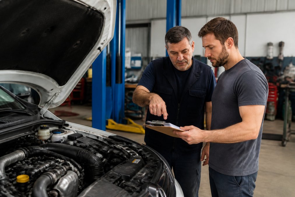 Mechanic in workshop discussing repair work with vehicle owner, pointing to engine components, both reviewing paperwork on a clipboard with natural workshop lighting