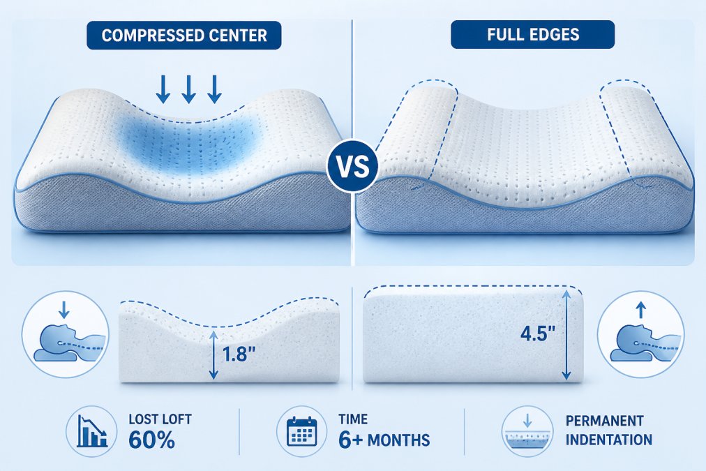 Close-up of memory foam pillow showing compressed areas where head rests compared to fuller, uncompressed foam edges, demonstrating permanent indentation and loss of loft