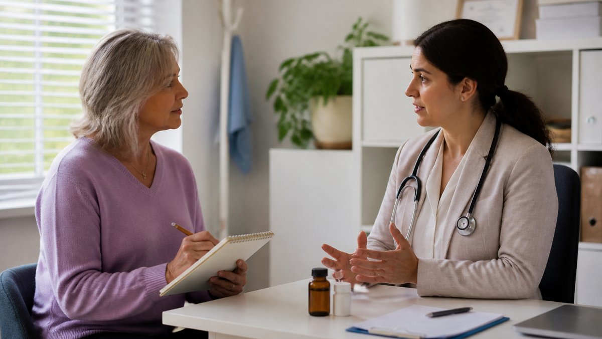 Woman in medical appointment sitting across from female doctor, both engaged in conversation with the woman holding a notepad with notes about her symptoms, natural office lighting
