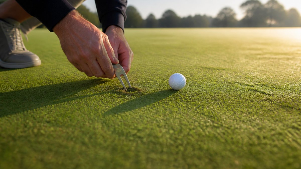 Close-up of a golfer's hands using a divot repair tool on a putting green, with a ball mark nearby and morning light across the turf