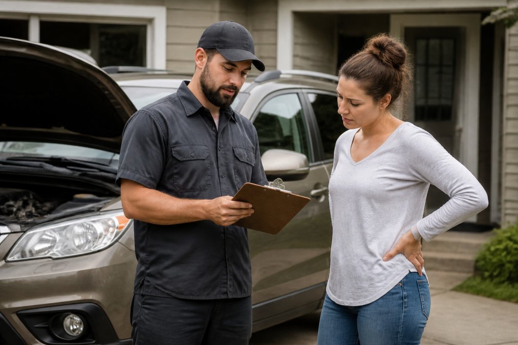 Mobile mechanic reviewing a repair invoice with a customer in a residential driveway