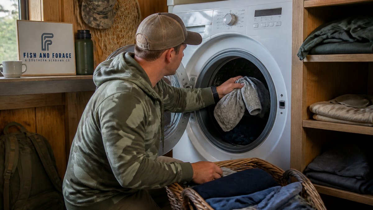 A person in outdoor clothing loading a front-load washing machine with moisture-wicking shirts in a rustic laundry room, cold water setting visible on the dial