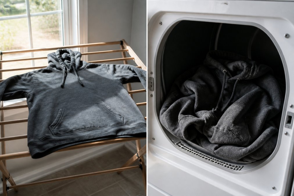 A motocross hoodie hanging on a wooden drying rack in natural sunlight near a window, showing proper air-drying technique with the hoodie laid flat