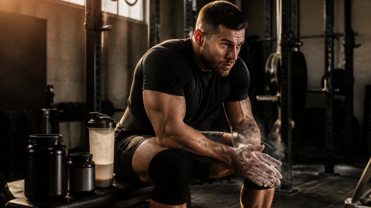A lifter in a dim gym chalking up before a heavy set, eyes locked forward, a shaker bottle and supplement tubs on the bench beside him