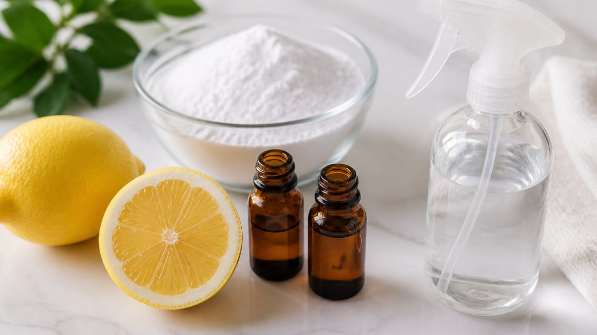 Close-up of natural ingredients including baking soda crystals, fresh lemon slices, and essential oil bottles arranged on white surface with spray bottle nearby